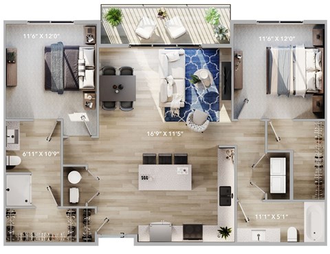 Floor plan for 2 beds, 2 baths, 1117 sqft